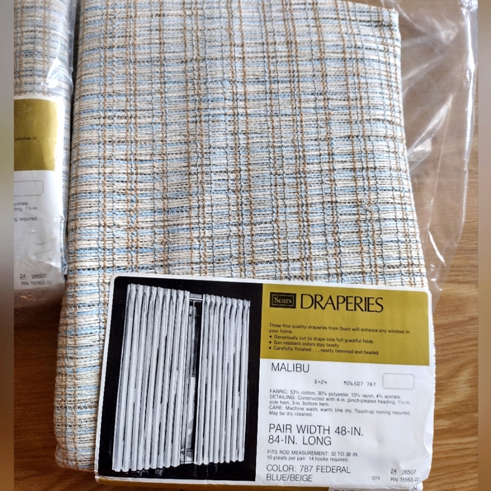 MCM Sears Malibu draperies, Federal Blue Beige Woven Pinch Pleat Panels 48"X84"